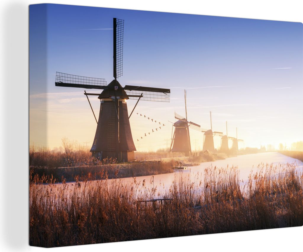 OneMillionCanvasses - Leinwandbilder - 140x90 cm, Die Windmühlen von Kinderdijk, Wandbilder Kunstdruck Wanddekoration