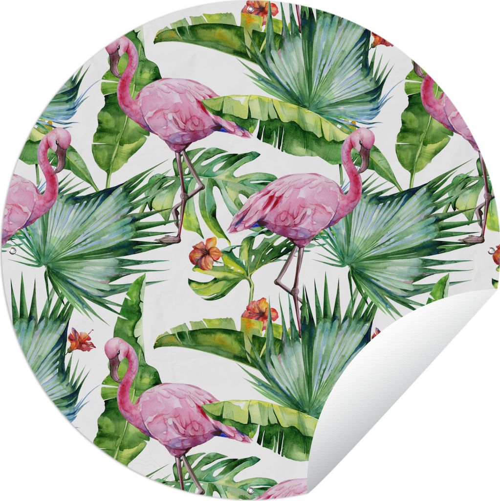MuchoWow Gartenposter Outdoor-Poster Rund Blätter - Flamingo - Blumen - Dschungel Ø 60 cm Gartendeko Rundes Poster draußen