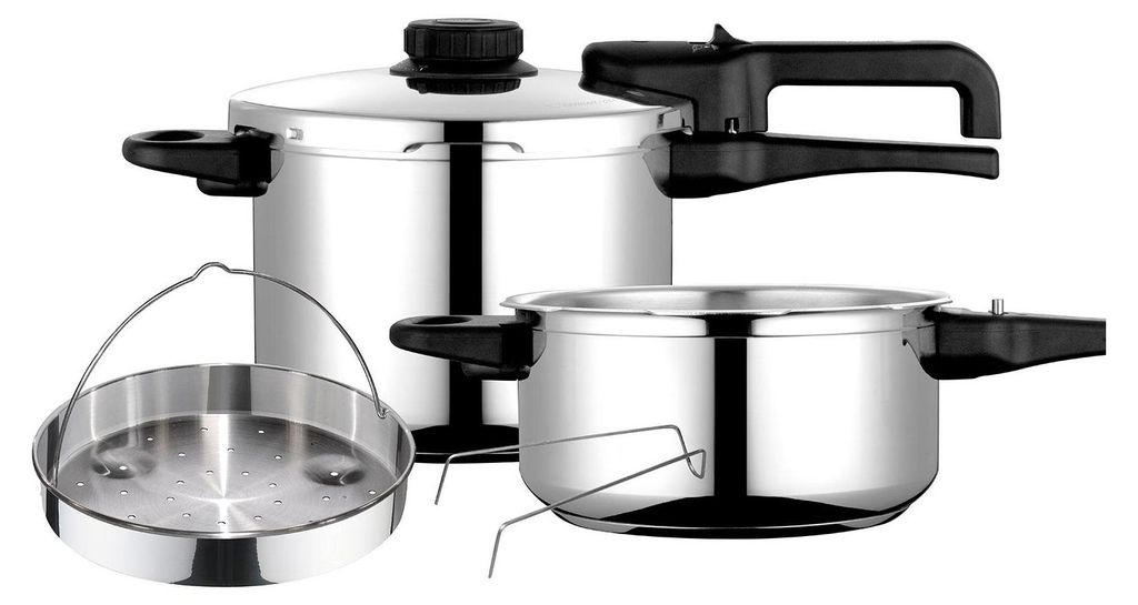 A set of stainless steel pressure cookers and an accessory.
