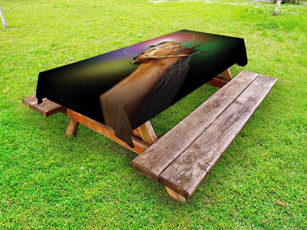 ABAKUHAUS Pferd Tischdecke Outdoor, Side Porträt Tier mit Psychedelische bunten Runden auf Sterne Kulisse, Ginger Mehrfarbig, 145x305cm