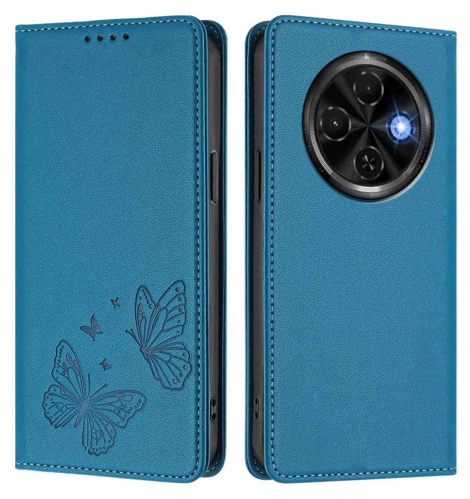 Lederhülle für Tecno Spark 30C 4G, Schmetterling Prägung Leder Brieftasche Schutzhülle mit Ständer Blau