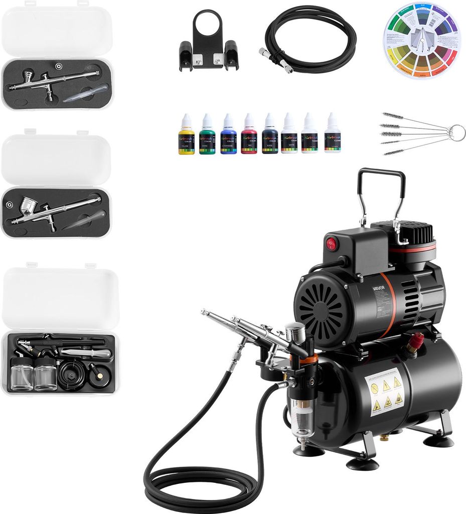 VEVOR Airbrush Set 1/6 PS mit Kompressor & Tank, Dual-Action 3 Airbrush-Pistolen mit 3 Düsen (0,3/0,3/0,5 mm) & Schlauch & Acrylfarbe & 2 Ventilat...