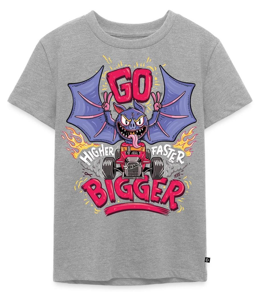Spreadshirt Hot Wheels Fledermaus Go Bigger Comic Kinder Premium T-Shirt, 134/140 (8 Jahre), Grau meliert