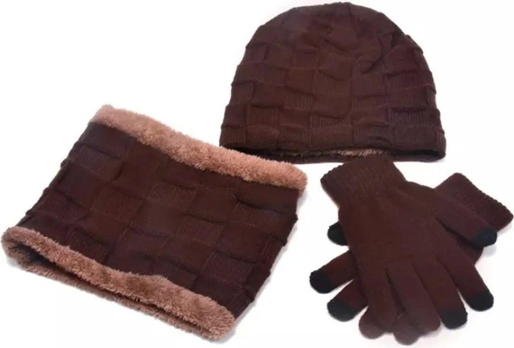 Set Invernale da Uomo Marrone Scuro - Cappello, Sciarpa e Guanti KP21333