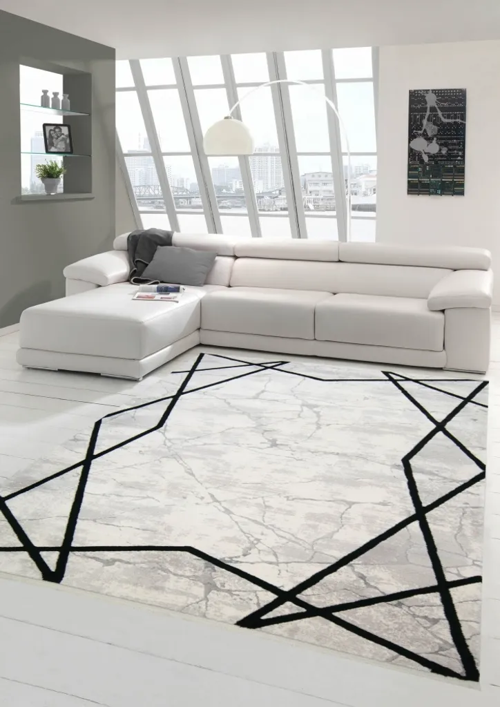 Tapis Motif Marbre Crème et Noir - Texture Douce et Design Abstrait 160x230