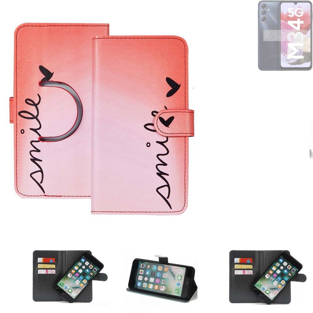 K-S-Trade Schutzhülle Handyhülle kompatibel mit Samsung Galaxy M34 5G Hülle cover bookstyle Etui ''smile'' rot Standfunktion Kameraschutz (1Stk)