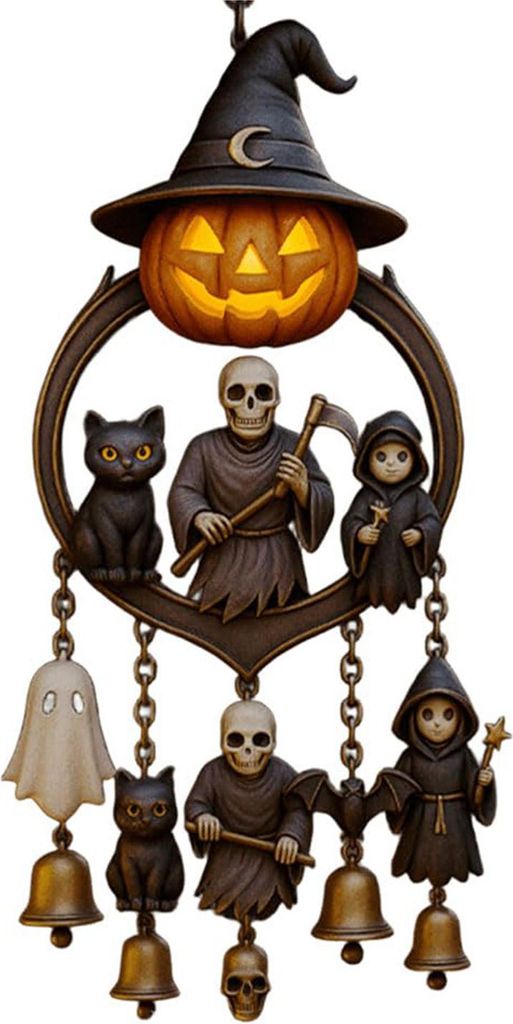 Halloween-Windspiel im Gothic-Stil, gruseliges Glockenspiel mit geschnitzter Kürbislaterne, Geist, Sensenmann, schwarze Katze für Veranda, Rasen,...
