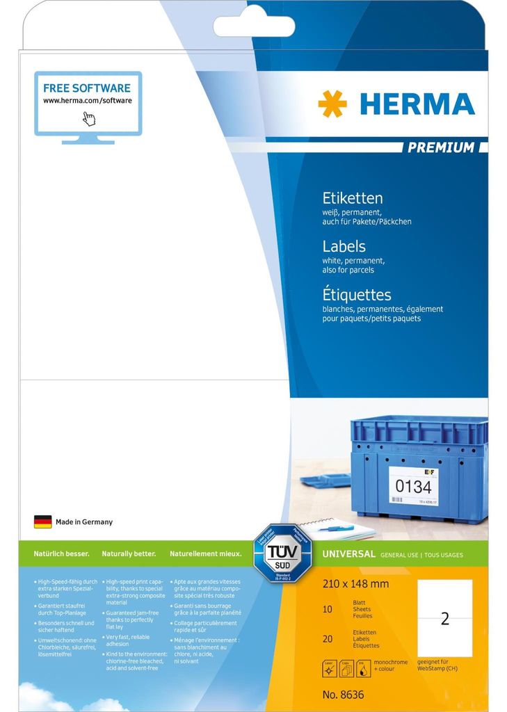 Etiketten Premium A4, weiß 210x148 mm Papier matt 20 St. Produktbild 