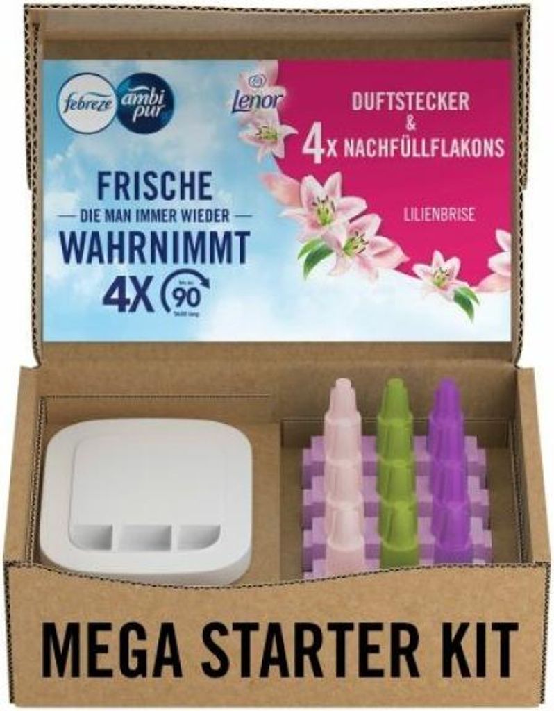 A cardboard box containing a Febreze starter kit for an air freshener, including the device and refill cartridges.