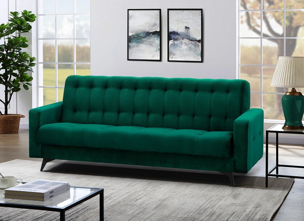Schlafsofa GRETA BIS mit Bonnellfederkern, Couch mit Schlaffunktion Bettkasten Sofa mit Steppung (Stoff: kronos 19 - flasches grün)