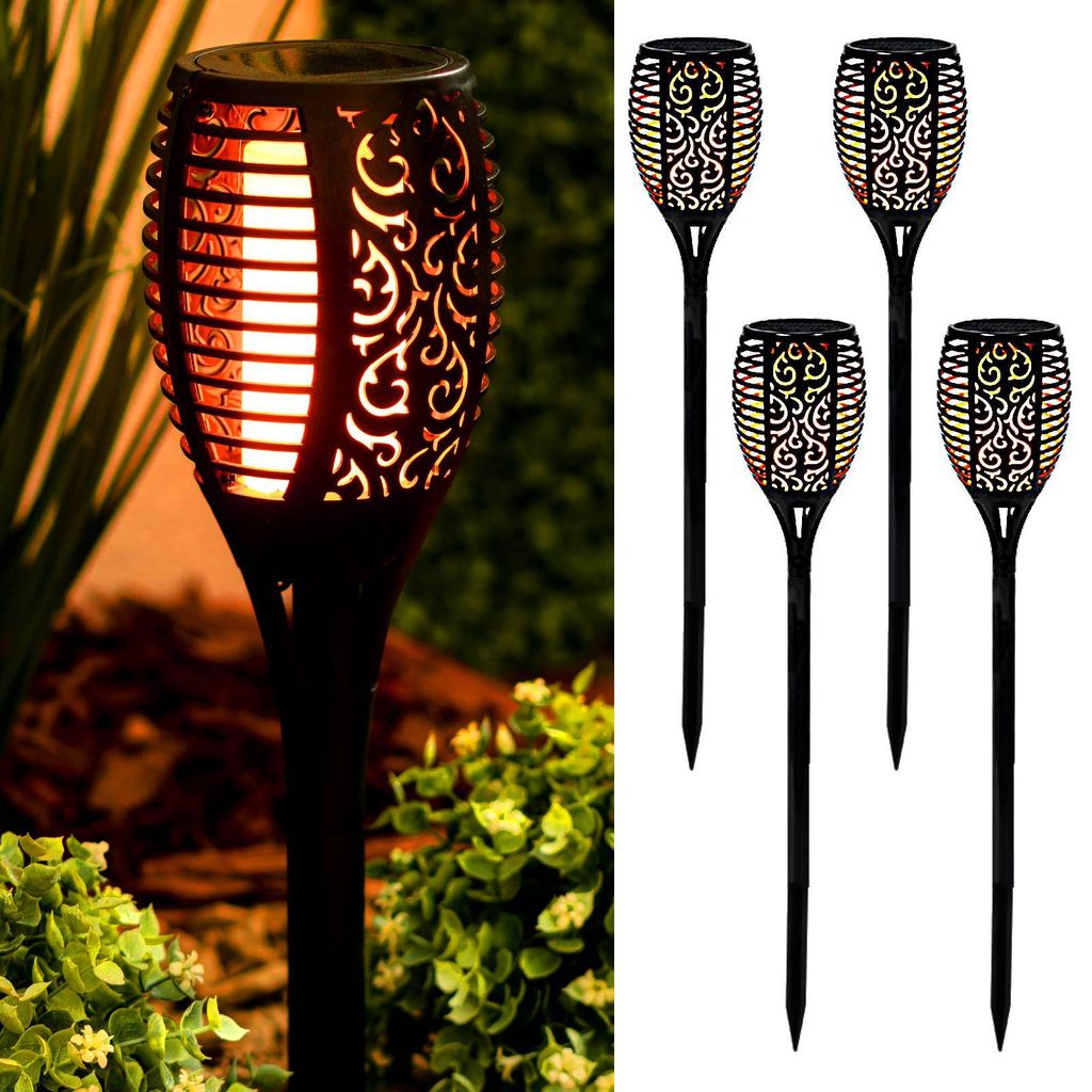 A product image showing a set of solar garden lights with a lifestyle shot on the left and multiple product shots on the right.