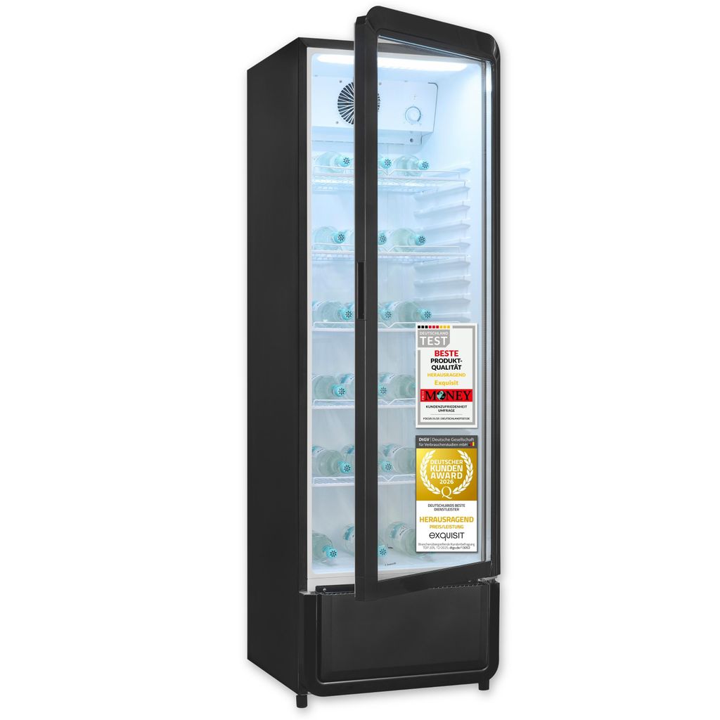 Exquisit Glastürkühlschrank, 280l Getränkekühlschrank mit LED, Umluft, 5 verstellbare Ablagen, CoolPro, GKS260-GT-431D schwarz