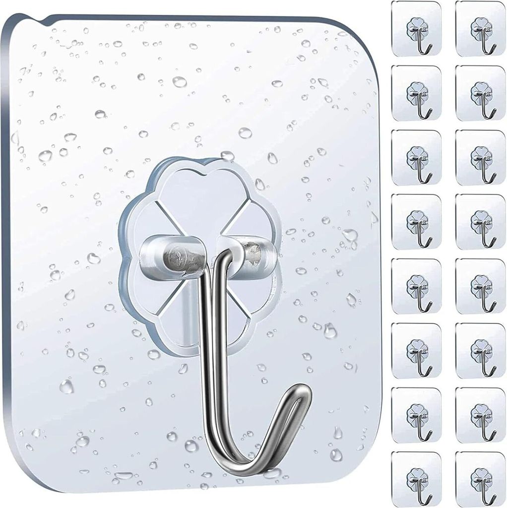 16 Stücke Klebehaken, Transparent Selbstklebende Haken Ohne Bohren, Edelstahl Handtuchhaken für Küche Bad Wand Decke Büro Aufhänger, Max 10kg