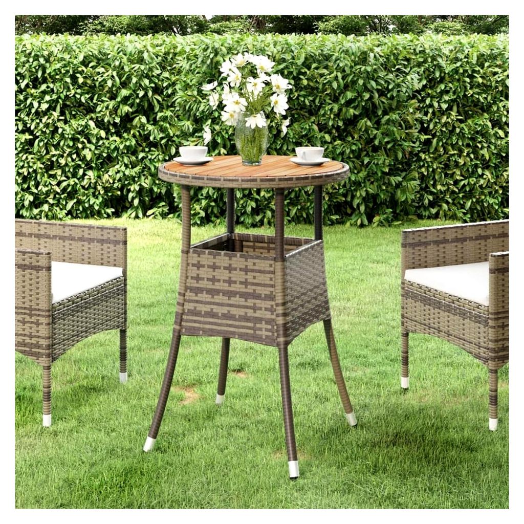 Gartentisch Ø60x75cm aus Akazienholz und Polyrattan in Grau, Tisch für Balkon, Picknick, Hinterhof und Terrasse