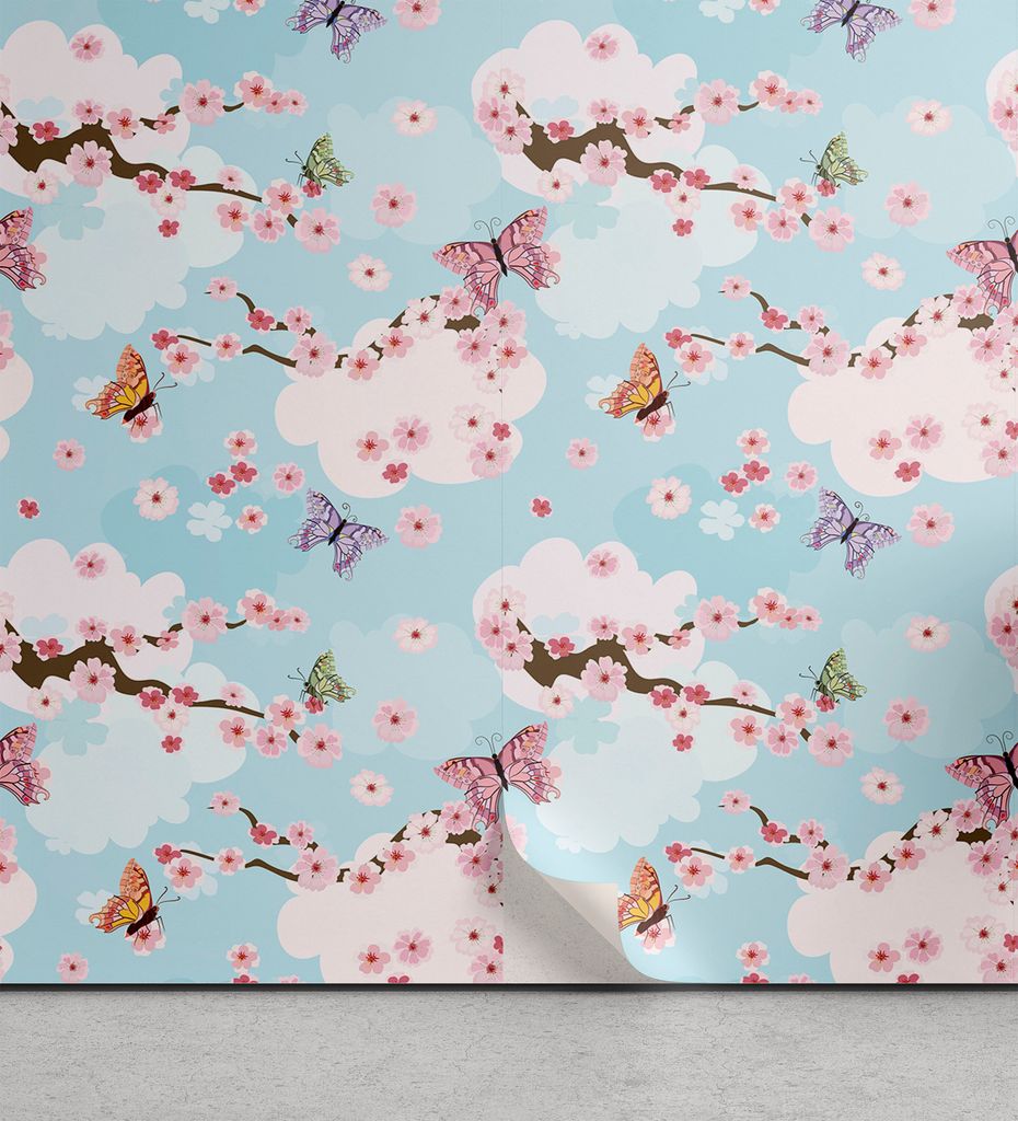 ABAKUHAUS Kirschblüte abziehbare & klebbare Tapete für Zuhause, Schmetterlinge Sakura, selbstklebendes Wohnzimmer Küchenakzent, 33 cm x 90 cm, M...