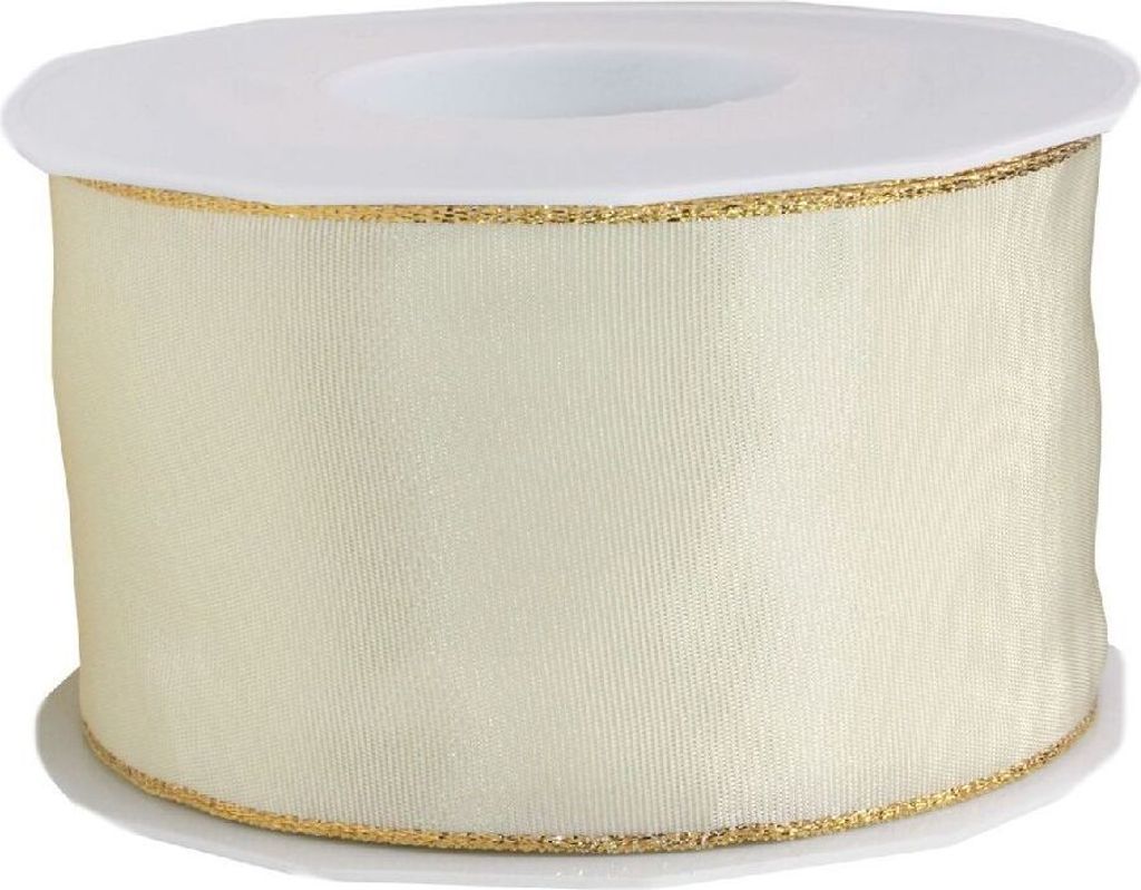 Breites Band mit goldener Drahtkante I creme I Breite 70 mm I Länge: 25 Meter - 1,03 € pro Meter