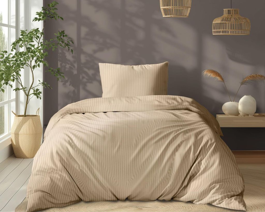 Satin Bettwäsche 160x200 Glatt mit Premium Streifen Beige
