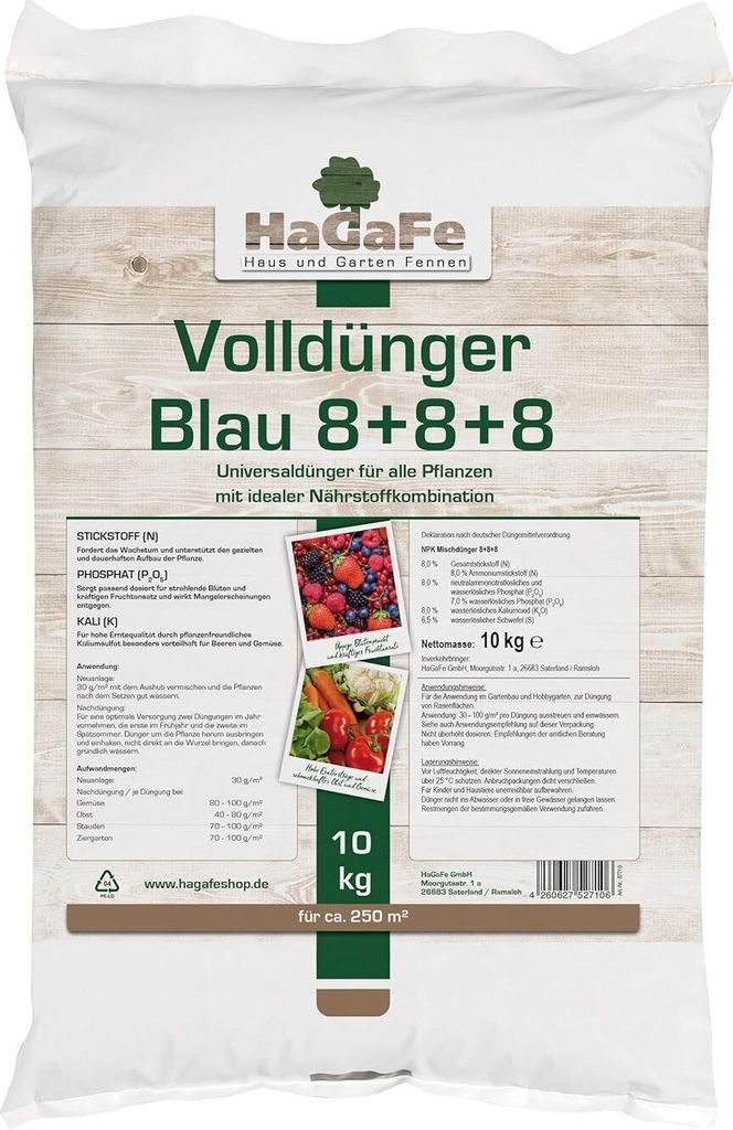 HaGaFe Volldünger Blau, 1 x 10kg, Blaukorn, Universaldünger, Rasendünger, Gartendünger, NPK Dünger