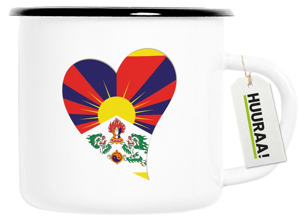 Huuraa Emaille Tasse Tibet Flagge Herz 300ml Vintage Campingbecher Geschenkidee
