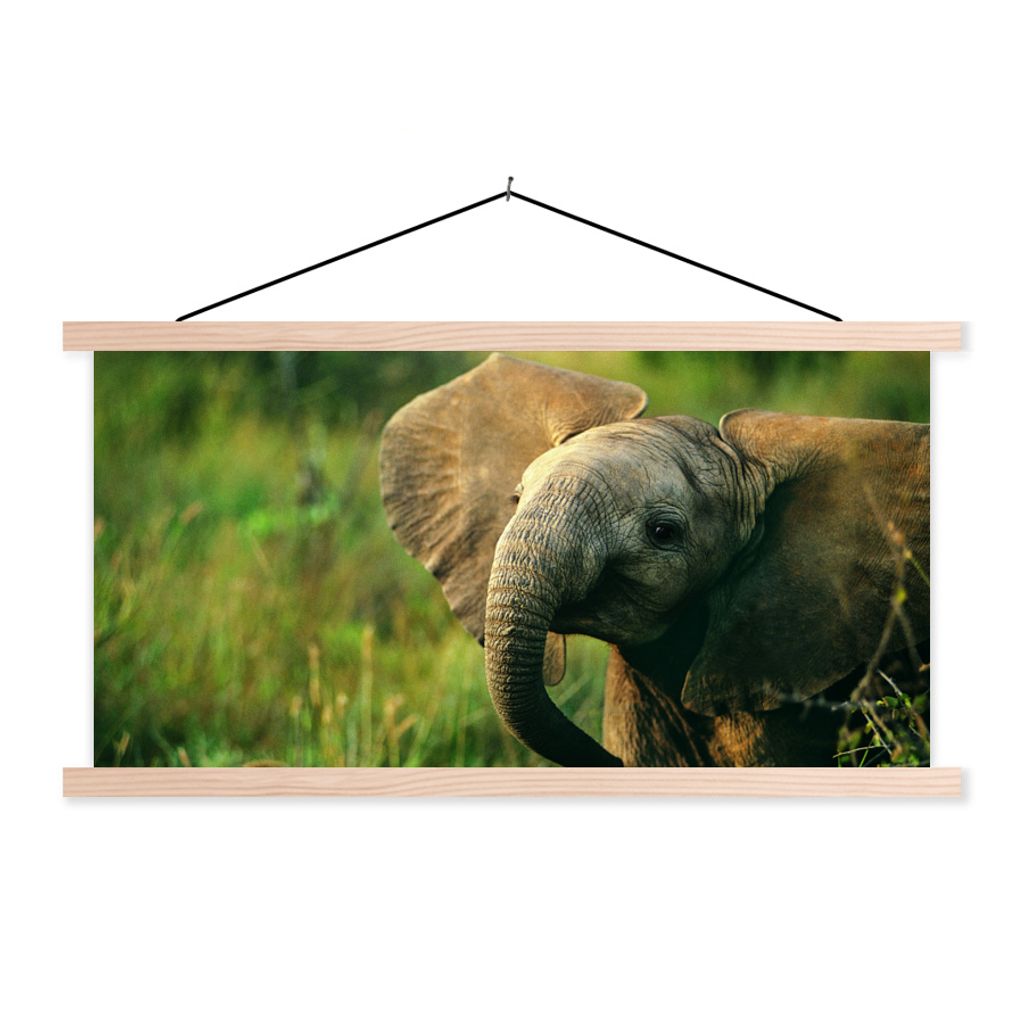MuchoWow Textilposter Elefant - Grün - Tiere - Natur 60x30 cm mit holzfarbenen Rahmen - Dekoration