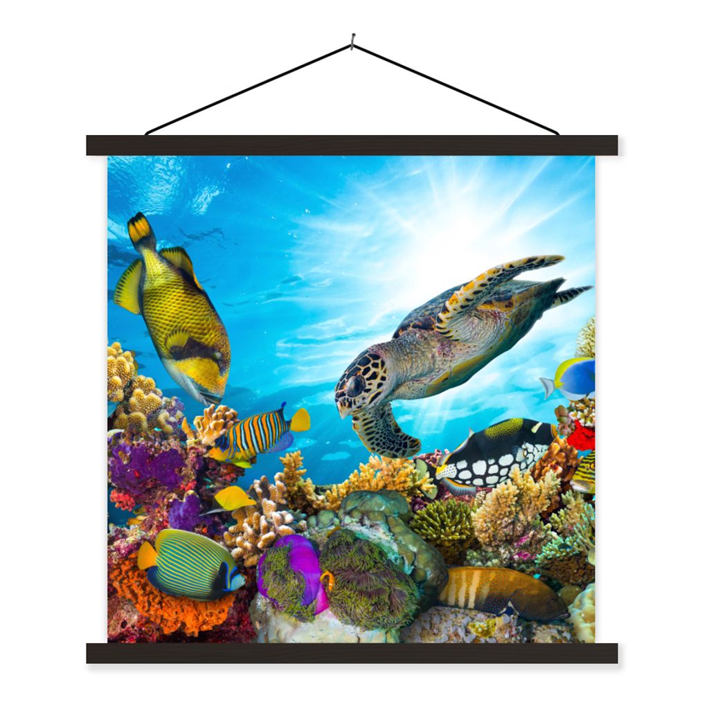 MuchoWow Textilposter Schildkröte - Meer - Koralle 90x90 cm mit schwarzem Rahmen - Magnetisches