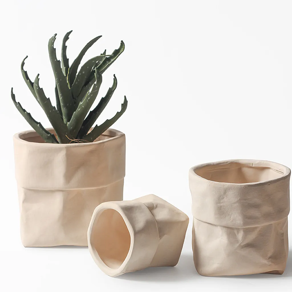 Cache-pot design en céramique blanche forme sac en papier 16 cm - 5