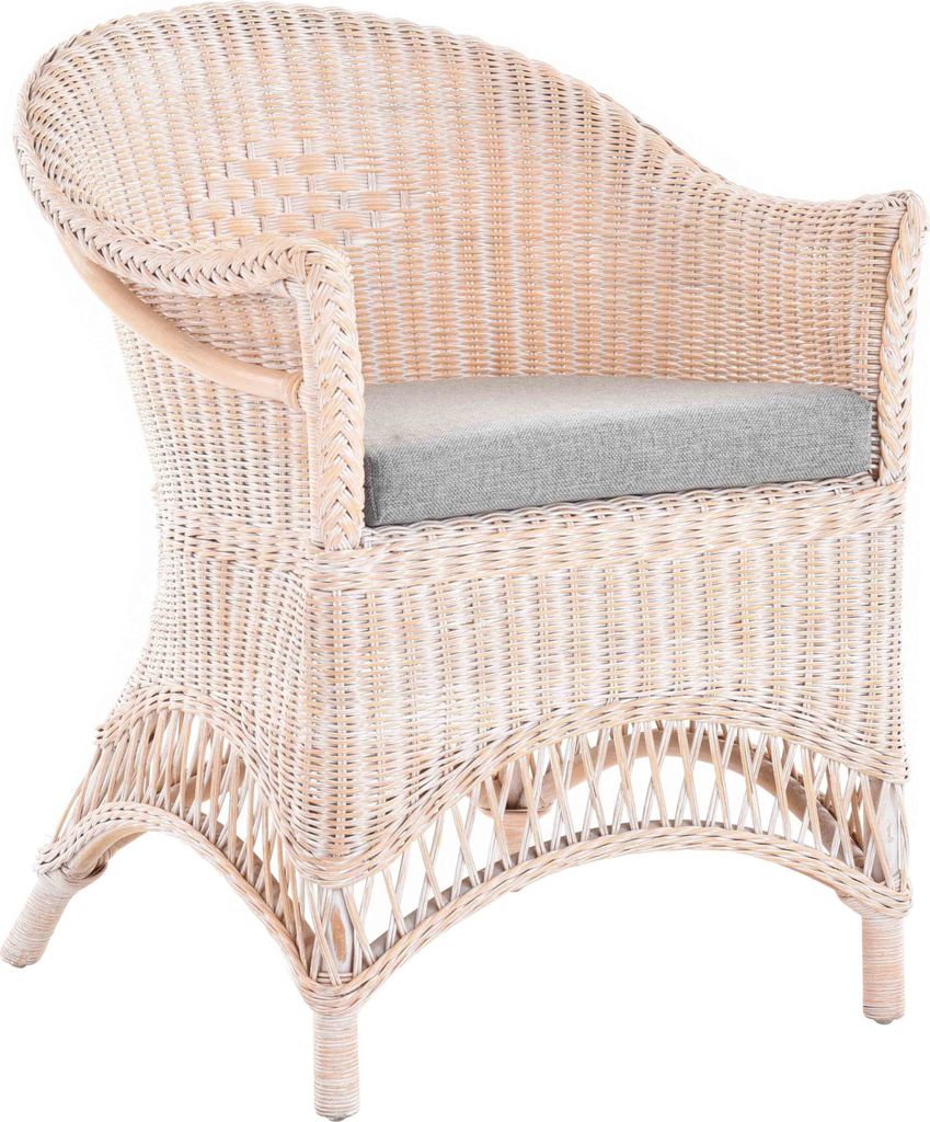 KRINES HOME Rattansessel Landhaus Flechtsessel aus Natur-Rattan Rattan Sessel Korbsessel Wintergarten (Vintage Weiss, Mit Polster)
