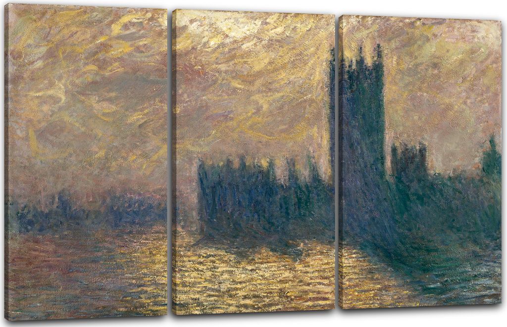 Leinwandbild 3-teilig (120x80cm): Claude Monet - Das Parlament von London, echter Holz-Keilrahmen inkl. Aufhänger, handgefertigt in Deutschland