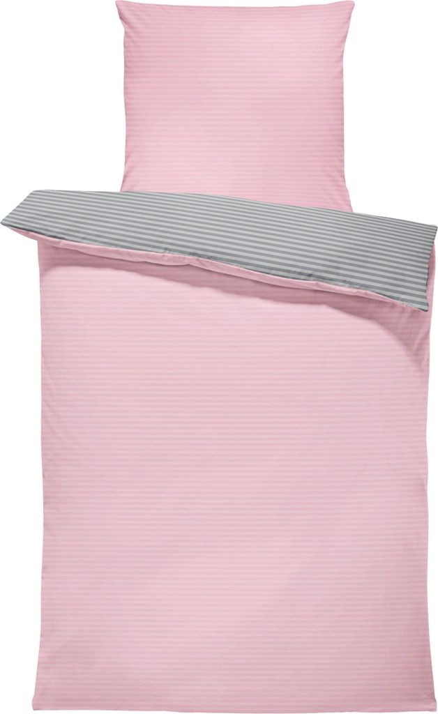 Bettwäsche gestreift Streifen modern Wende Renforcé Baumwolle mit Reißverschluss, Größe:4 teilig 155x200 cm, Farbe:rosa / anthrazit