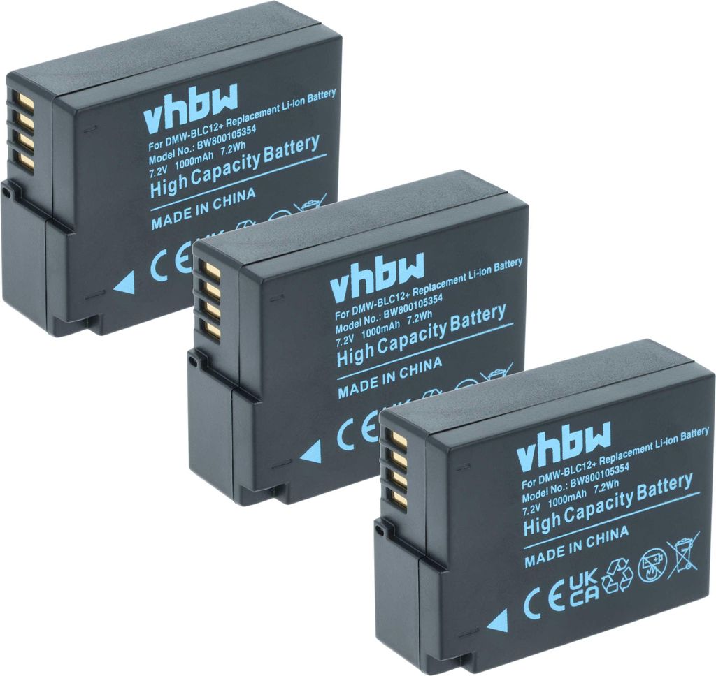 vhbw 3x Akku kompatibel mit Panasonic Lumix DMC-G5K, DMC-G5W, DMC-FZ300, DMC-FZ200K, DMC-FZ330, DMC-G5 Kamera (1000 mAh, 7,2 V, Li-Ion), Infochip