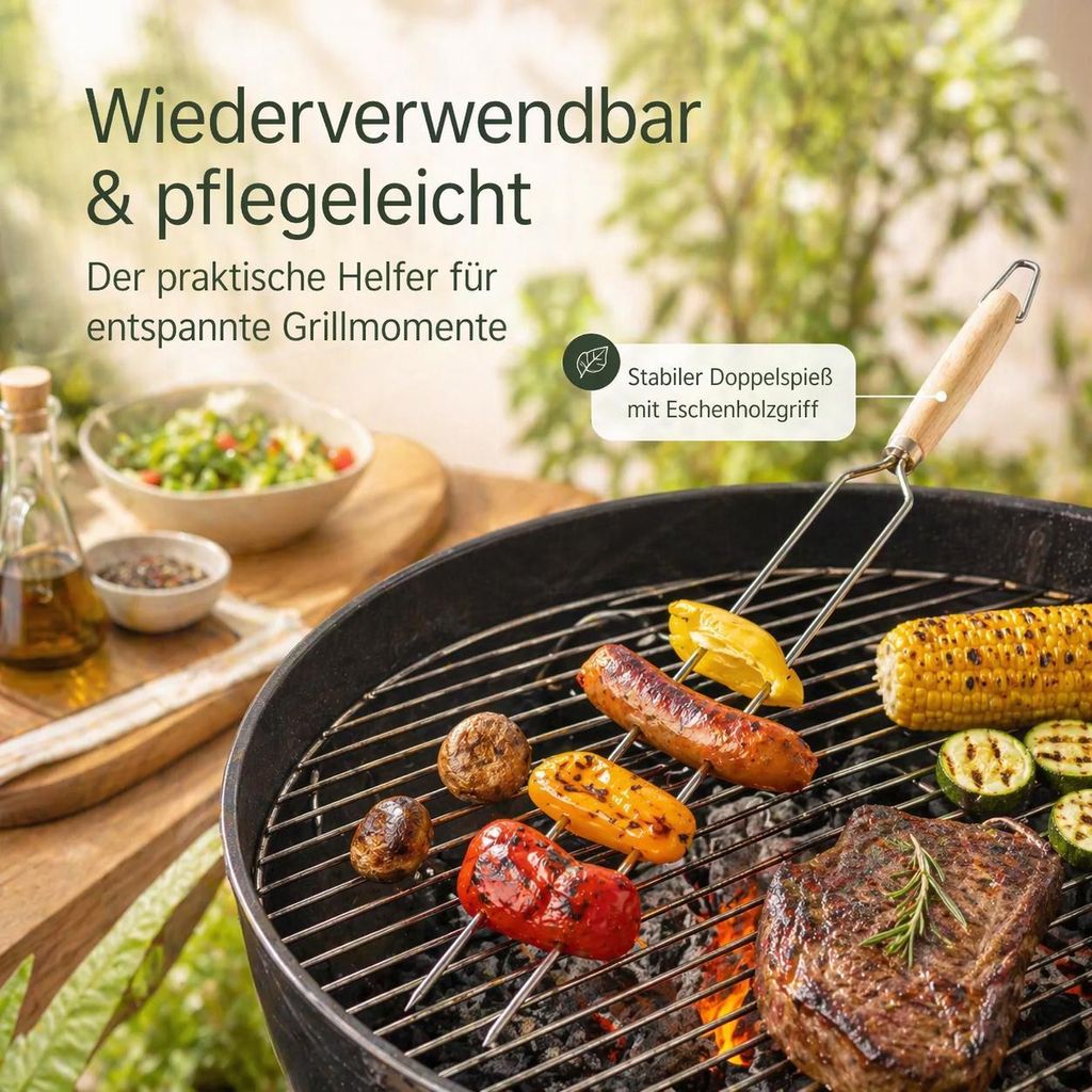 Bratenspieß 56 cm aus Edelstahl mit Eschenholzgriff – Produktbild 