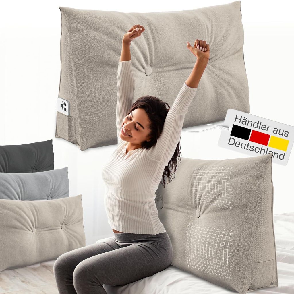 ELONEO Rückenkissen 90 cm breit, Keilkissen für Bett und Sofa geeignet, dreieckiges Lesekissen, Kissen mit abnehmbarem und waschbarem Bezug