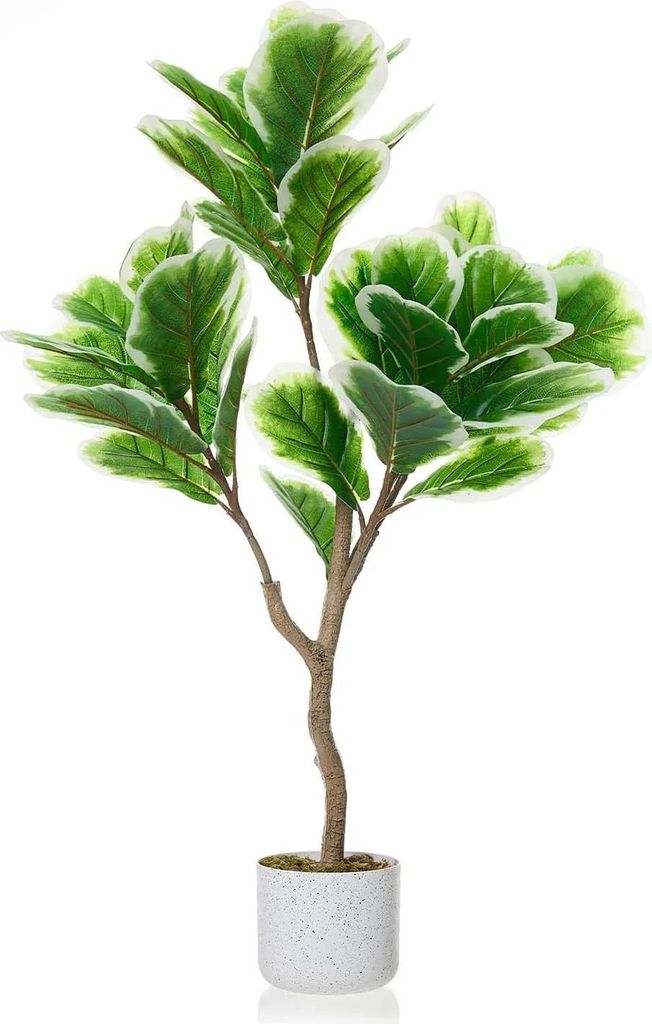 Künstliche Geigenfeige Ficus lyrata - Bonsai-Baum - PE - 3XL - Milchweißer Übertopf - Für draußen - Grün