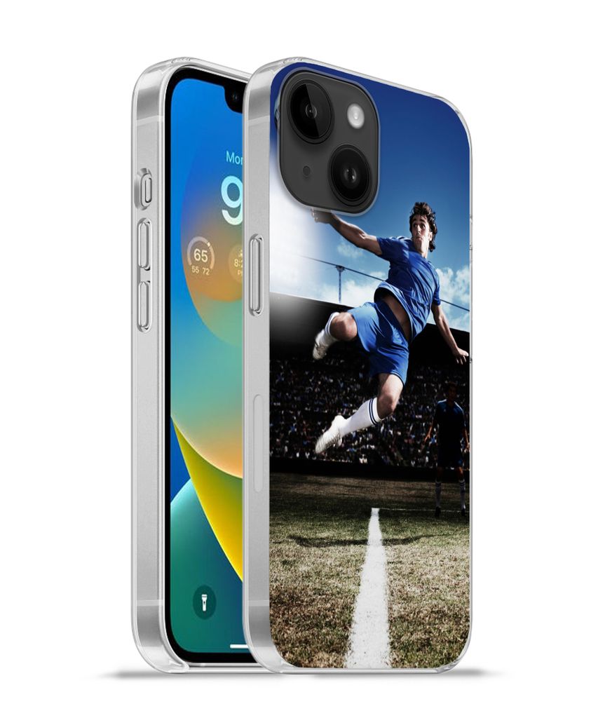 MuchoWow Handyhülle Schutzhülle Hülle für Apple iPhone 14 - Softcase Fußballspieler macht einen Volley Silikon Softcase Handy Hülle - Mobil...