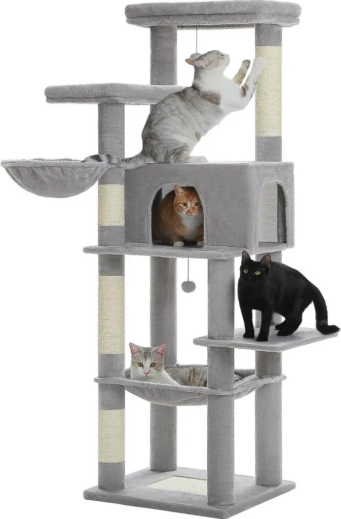 Arbre à chat multi-niveaux avec griffoirs en sisal et hamac - Gris L