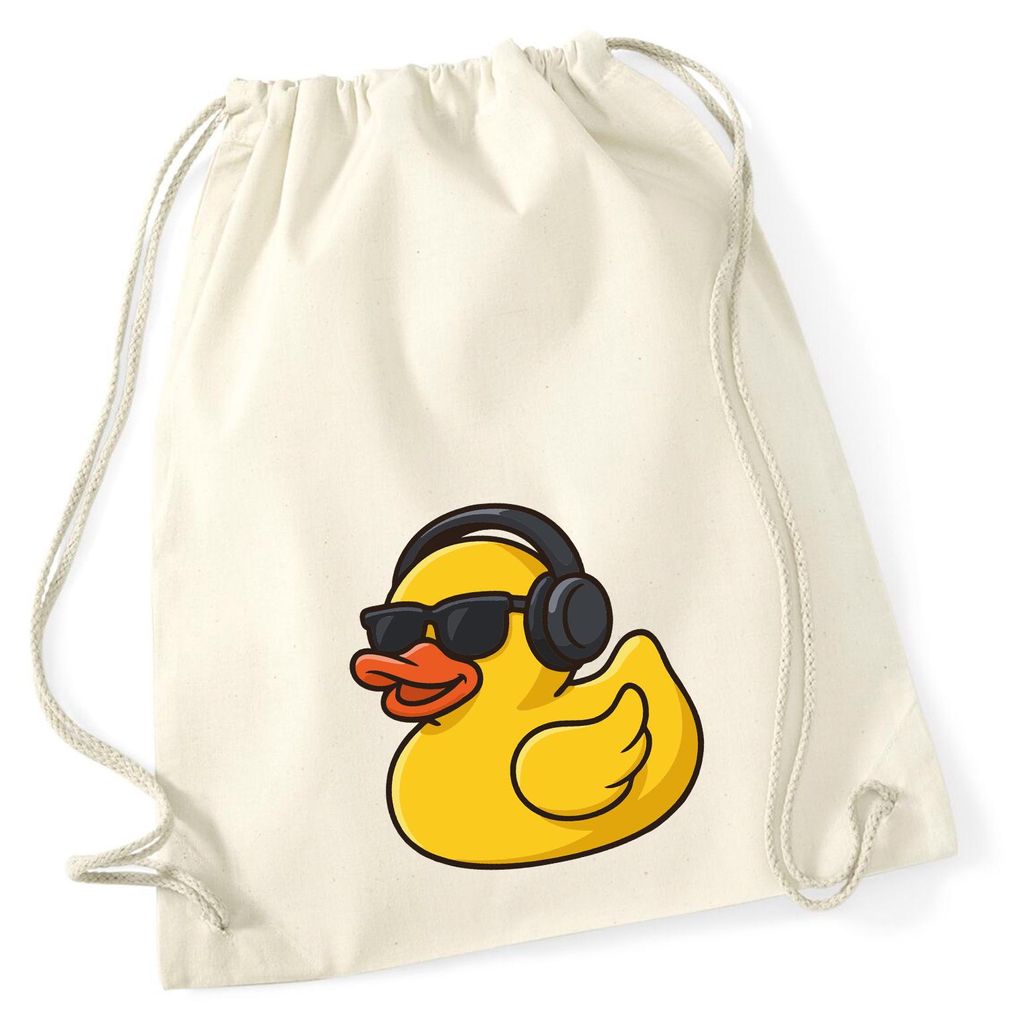 Huuraa Turnbeutel Quietscheente DJ Gummiente Club-DJ 12 Liter Natural Baumwolle Rucksack Geschenkidee