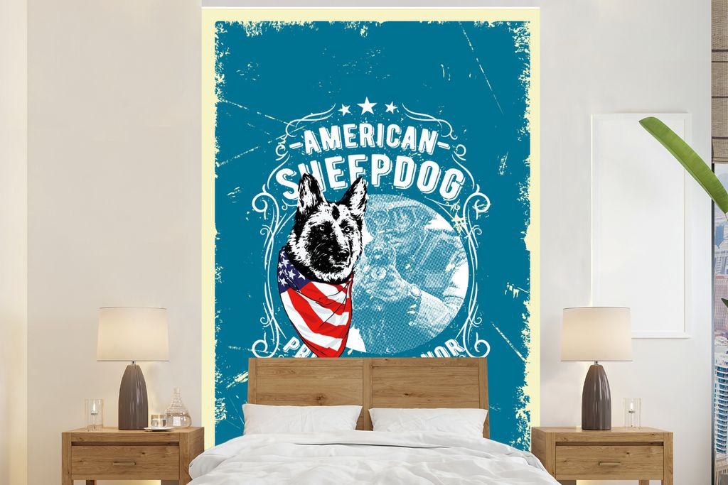 MuchoWow Fototapete für Wohnzimmer oder Schlafzimmer Wandtapete Vinyl Motivtapete Jahrgang - Armee - Hund - 145x220 cm - Wanddekoration