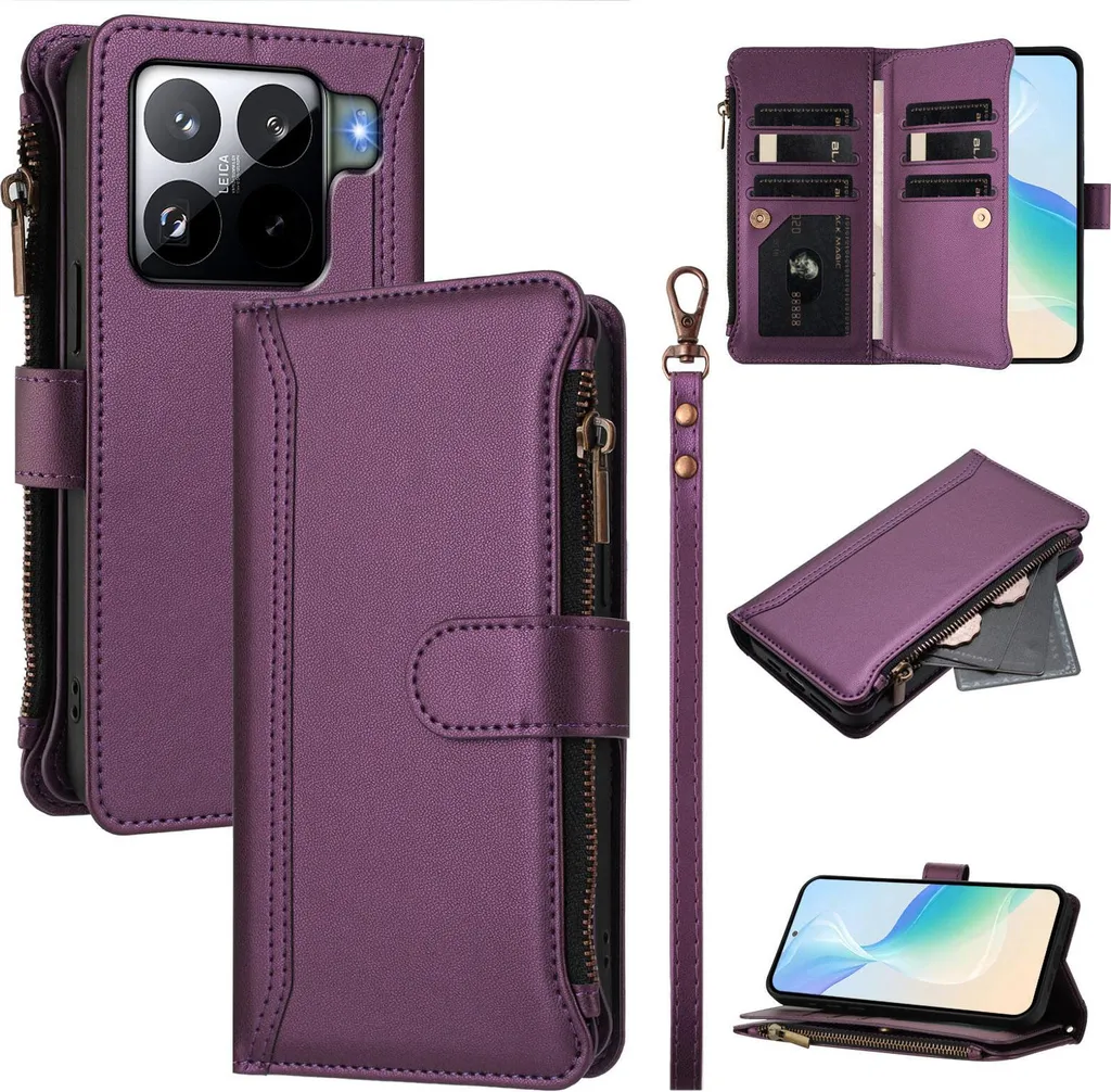 Custodia per Xiaomi 15S Pro, con cerniera, portafoglio in Finto cuoio con tasche per carte, supporto e passante per mano Viola