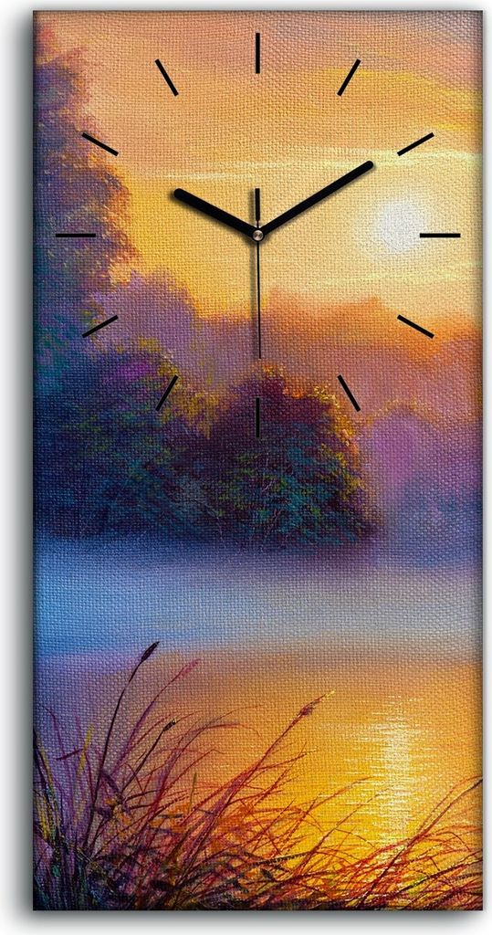 Leinwand Uhr Küche Wohnzimmer Bild 30x60 Morgendliche Landschaft mit Baum Fluss - schwarze Hände