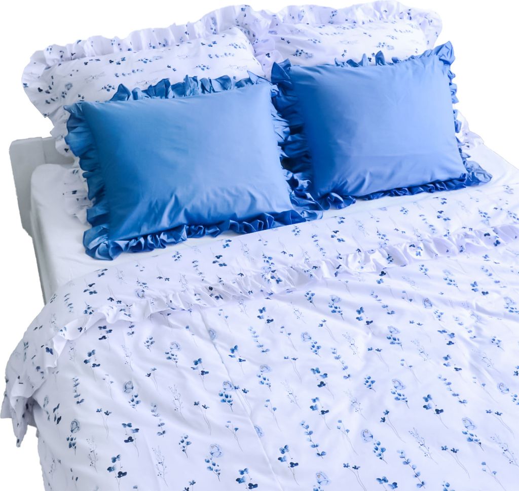 Baumwolle Bettwäsche Mit Rüschen Set Schlafzimmer Bettdeckenbezug 160X200 Cm + 4 Kissenbezüge Blaue Wiese Blau