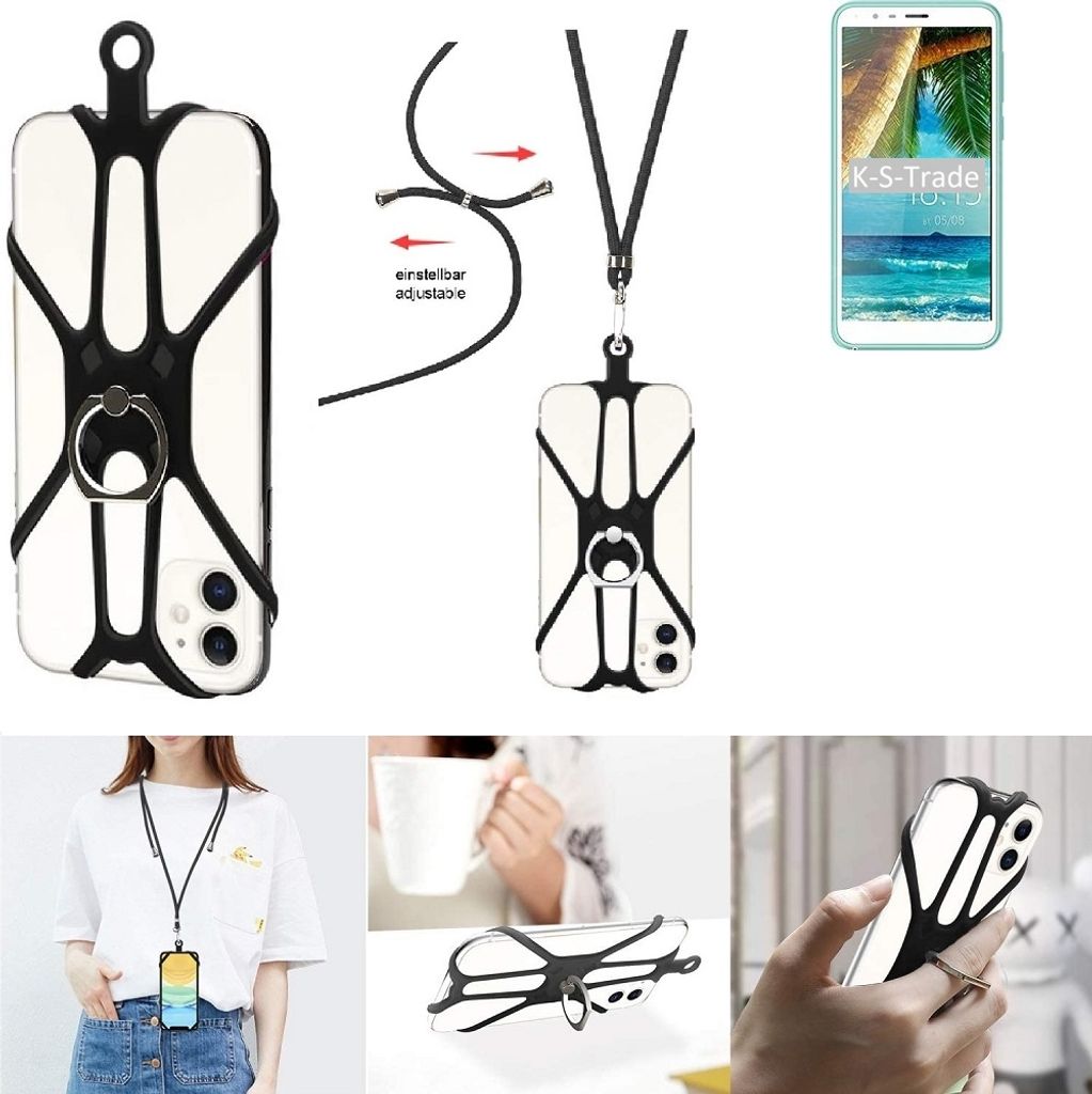 K-S-Trade 3in1 Handykette Handyband Handykordel Halsband Smartphone-Ring Handy-Ring kompatibel mit BQ Mobile BQ-5302G Velvet 2 Fingerhalterung