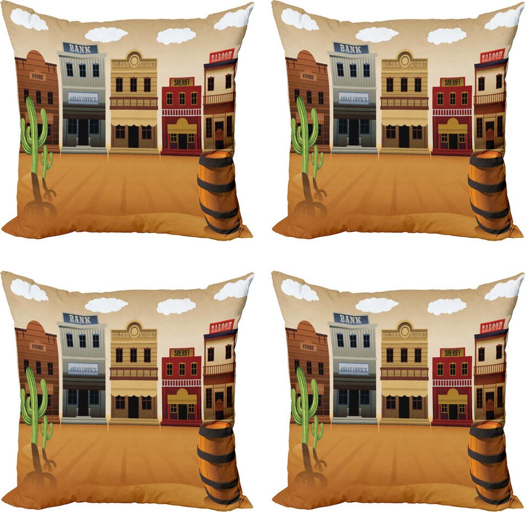 ABAKUHAUS amerikanisch Kissenbezug Set (4 Stück), Wild-West-Dorf Stadt, Moderner Doppelseitiger Digitaldruck, 40 cm x 40 cm, Mehrfarbig
