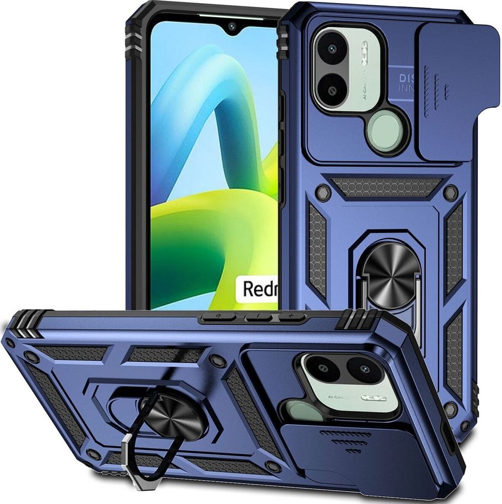 Mobigear Armor Ring Cam Slide Xiaomi Redmi A1 4G Hülle Hardcase Backcover Stoßfest mit Ringhalter und Kamera Slider - Blau
