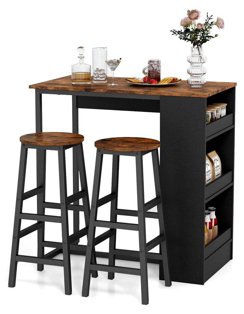Bartisch-Set mit Barhockern, Tresentisch mit 2 Hockern, 3 Ablagen, Metallrahmen, Essgruppe für 2 Personen, Frühstückstisch für Küche, Bar und ...