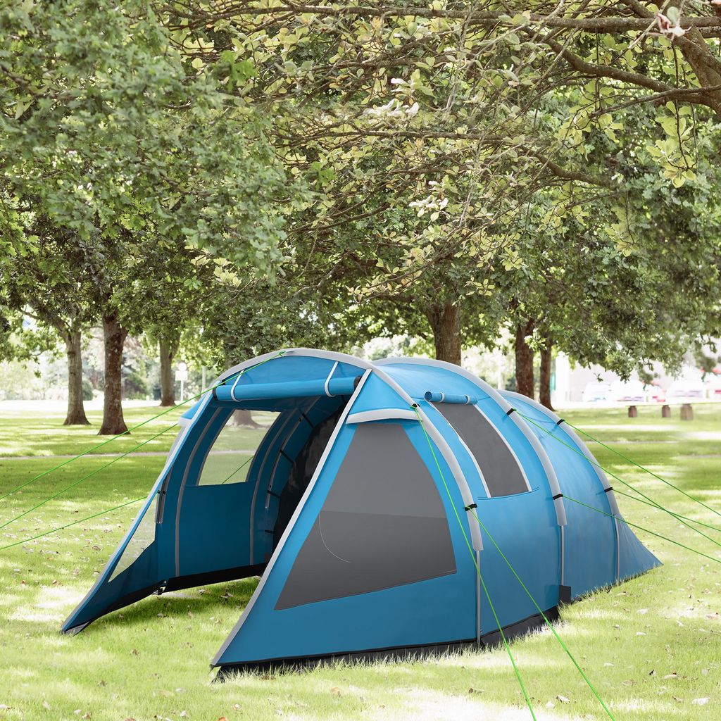 Familienzelt 3-4 Personen 2-Raum-Design, Campingzelt Trekkingzelt, Taft Fiberglas, Blau | 475 x 264 x 172 cm | 2000 mm wasserdicht | 6,84 kg