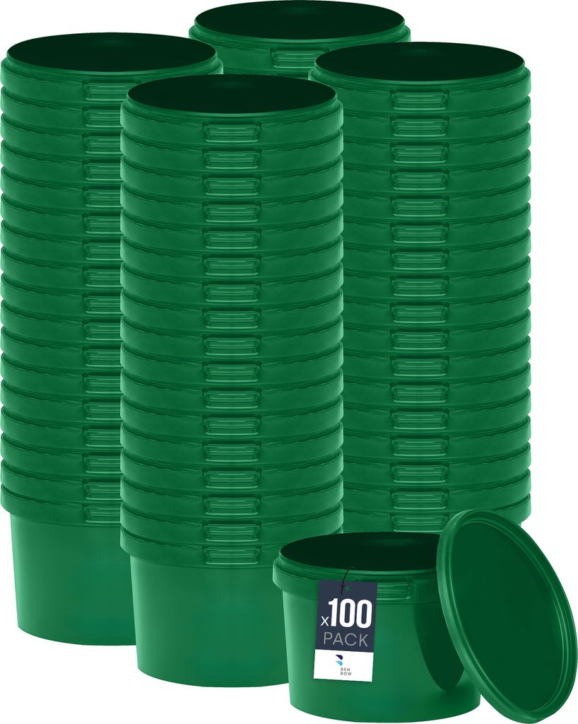 BenBow Eimer mit Deckel 0,5L x100 Grün - lebensmittelecht, stabil, luftdicht, auslaufsicher, geruchsneutral - Plastikeimer mit Henkel - leer