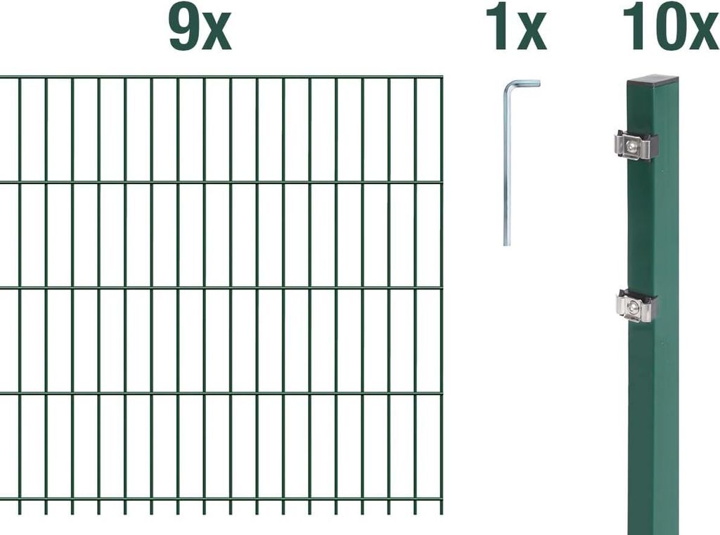 Alberts Doppelstabmattenzaun 6-5-6, Matten 2,50 m, Höhe 1,23 m, Länge 22,5 m, grün, Zaun als Komplettset, Pfosten mit Klemmlasche 60x40 mm