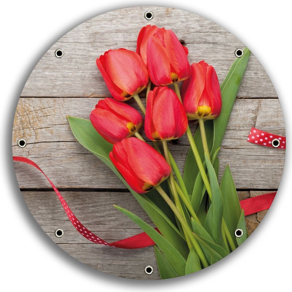 Wallario rundes Outdoor-Poster für Garten oder Balkon, Motiv Rote Tulpen auf einem alten Holztisch, 30 cm Durchmesser