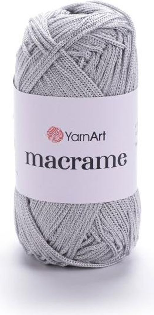 A ball of grey yarn with a label.