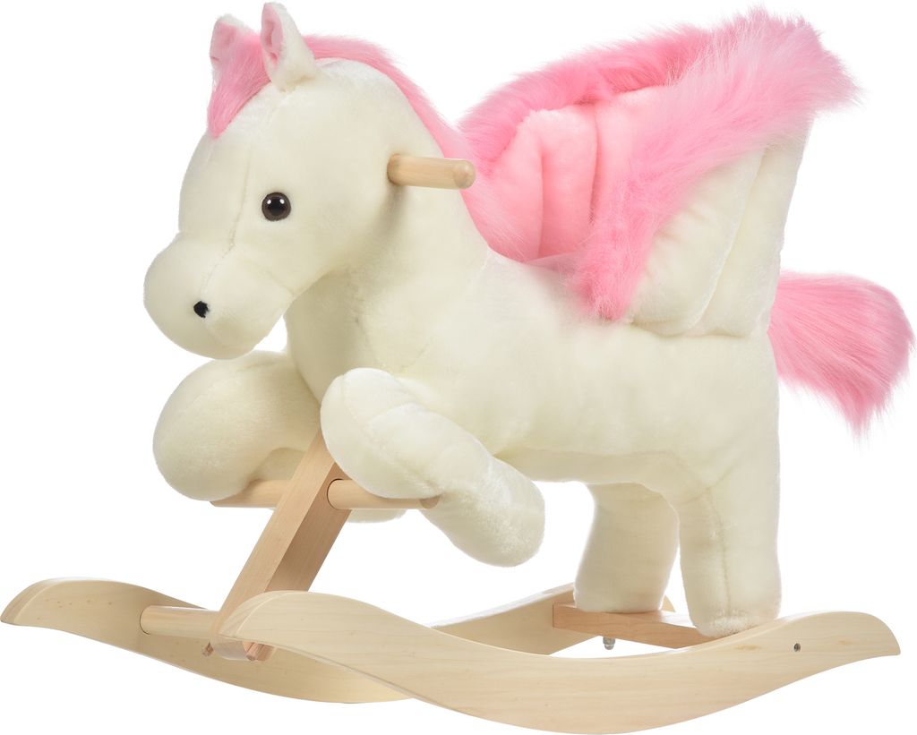 HOMCOM Kinder Schaukelpferd Baby Schaukeltier Pferd mit Tiergeräusche Spielzeug Haltegriffe für 18-36 Monate Plüsch Weiß+Rosa 70 x 28 x 57 cm